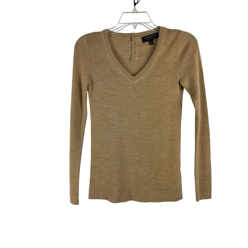 Banana Republic Women's 100% Merino Wool V Neck Sweater Taupe Small Classic